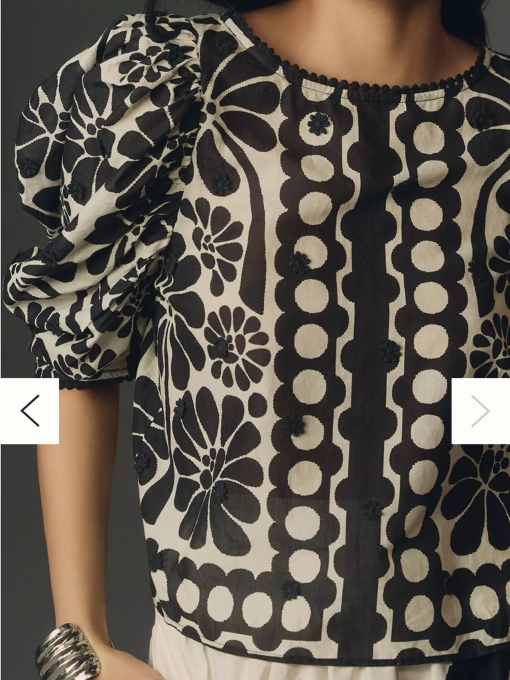 FARM Rio Palermo Black & Cream Floral Puff-Sleeve Blouse